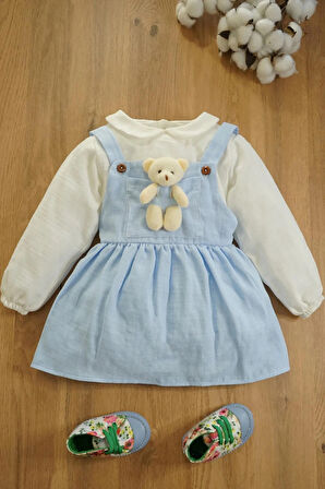 Kız Bebek Ve Çocuk Gömlekli Ayıcıklı Müslin Elbise