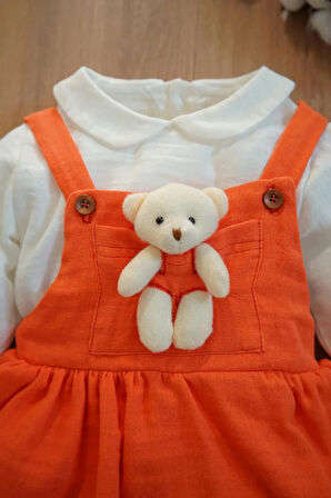 Kız Bebek Ve Çocuk Gömlekli Ayıcıklı Müslin Elbise