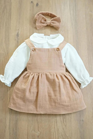 Kız Bebek Ve Çocuk Gömlekli Bandanalı Müslin Elbise