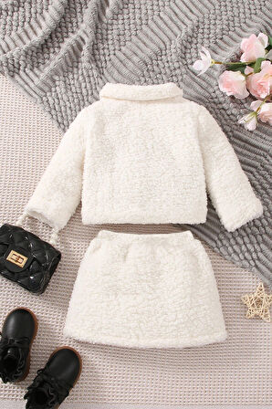 Kız Çocuk Müslin Astarlı Peluş Etekli Takım