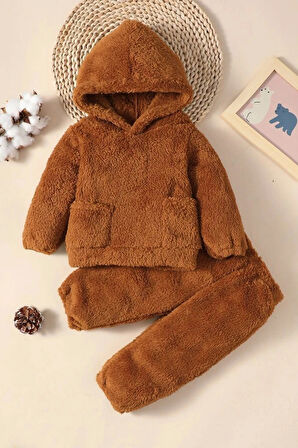 Kız Erkek Bebek Ve Çocuk Kapüşonlu Peluş Alt Üst İkili Takım