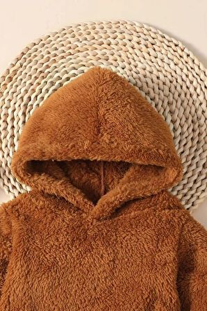 Kız Erkek Bebek Ve Çocuk Kapüşonlu Peluş Alt Üst İkili Takım