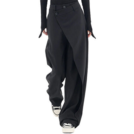 X Nurbeli Siyah Kadın Düğme Kapama Asimetrik Tasarımlı Palazzo Pantolon