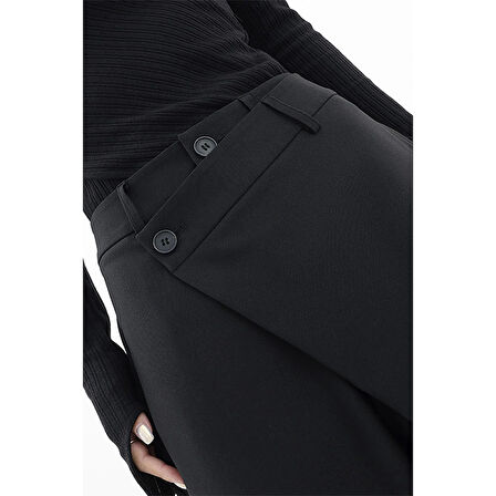 X Nurbeli Siyah Kadın Düğme Kapama Asimetrik Tasarımlı Palazzo Pantolon