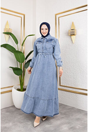 Kadın Kapak Cep Detaylı Kot Elbise