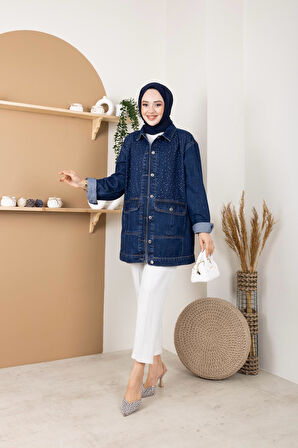 Kadın Taş Detaylı Cepli Kot Ceket