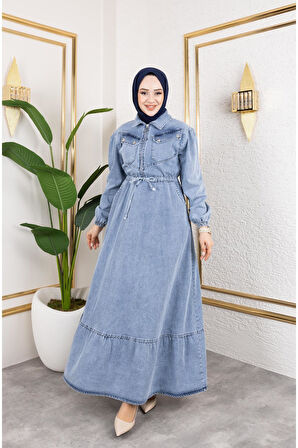 Kadın Kapak Cep Detaylı Kot Elbise