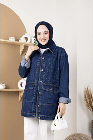 Kadın Taş Detaylı Cepli Kot Ceket