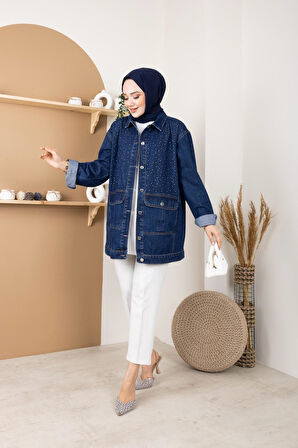 Kadın Taş Detaylı Cepli Kot Ceket