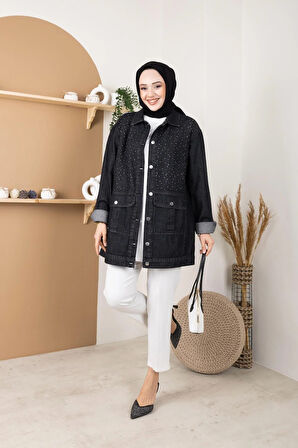 Kadın Taş Detaylı Cepli Kot Ceket