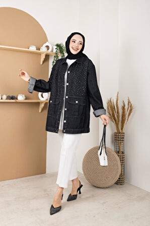 Kadın Taş Detaylı Cepli Kot Ceket