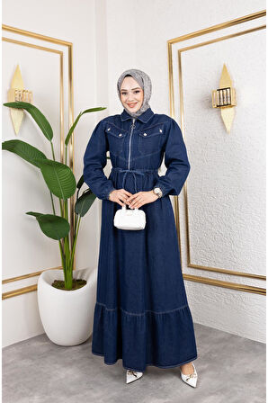 Kadın Kapak Cep Detaylı Kot Elbise