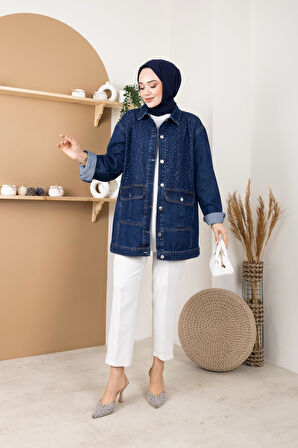 Kadın Taş Detaylı Cepli Kot Ceket