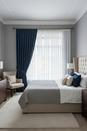 İskandinav Ponponlu Mavi Fon Perde — Tek Kanat — 1x3 Sık Pile — Salon & Oturma Odası — Kornişe Uygun