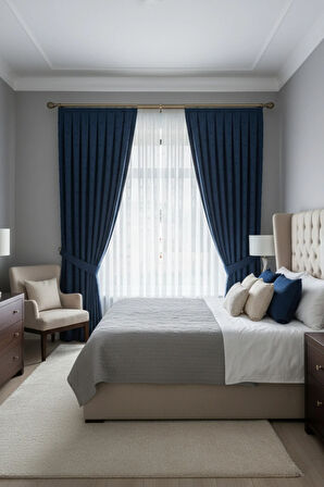 İskandinav Ponponlu Mavi Fon Perde — Tek Kanat — 1x3 Sık Pile — Salon & Oturma Odası — Kornişe Uygun