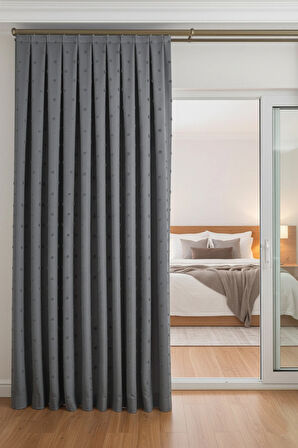 İskandinav Ponponlu Gri Fon Perde 1x3 Sık Pile | Salon | Oturma Odası