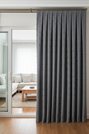 İskandinav Ponponlu Gri Fon Perde 1x3 Sık Pile | Salon | Oturma Odası