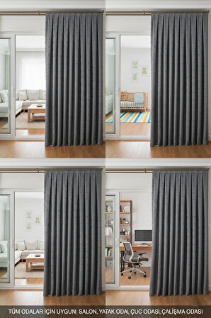 İskandinav Ponponlu Gri Fon Perde 1x3 Sık Pile | Salon | Oturma Odası