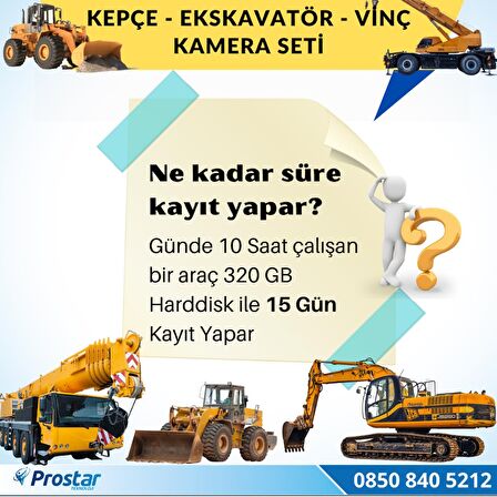 Ekskavatör Dozer Greyder Vinç Kepçe Uzaktan İzlemeli 4 Kameralı 320 GB Harddisk Kamera Seti