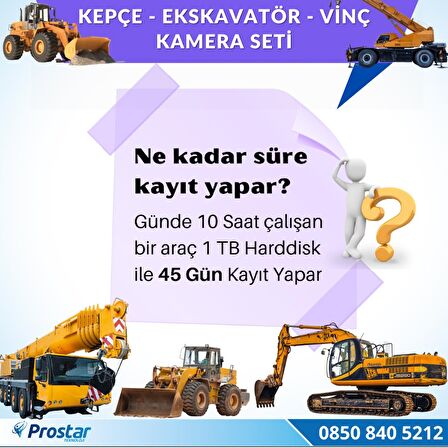 Uzaktan İzlemeli 4 Kameralı Ekskavatör Dozer Greyder Vinç Kepçe 1 TB Harddisk Kamera Seti