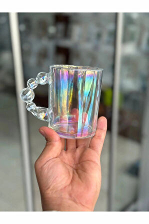1 Adet Renkli Hologram Boncuk Detaylı Kupa Bardak 320 ML