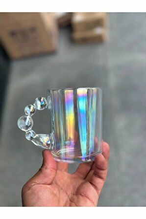 1 Adet Renkli Hologram Boncuk Detaylı Kupa Bardak 320 ML