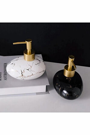 2 Adet Damla Şeklinde Gold Detaylı Siyah Mermer Desenli Sıvı Sabunluk Banyo Otel Apart Malzemeleri