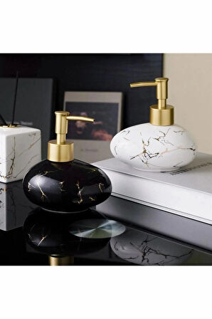 2 Adet Damla Şeklinde Gold Detaylı Siyah Mermer Desenli Sıvı Sabunluk Banyo Otel Apart Malzemeleri