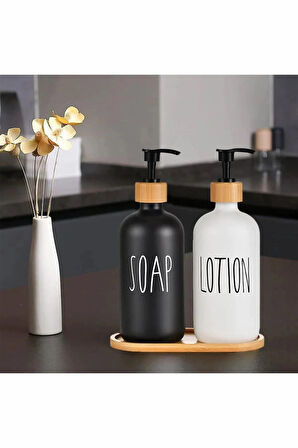 2 Lİ Bambu Standlı Cam Sıvı Sabunluk Losyon Kutusu Kişisel Kozmetik Bakım