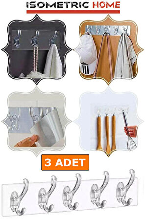 3 Adet 5'li 29*7 Şeffaf Güçlü Kendinden Yapışkanlı Kapı Duvar Askısı Ağır Yük Taşıma