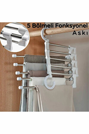 5'li Fonksiyonel Pantolon Elbise Askısı | Dolap İçi Düzenleyici | Yer Tasarruflu Askılık