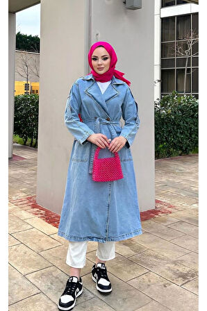 Kadın Düğmeli Kot Trençkot