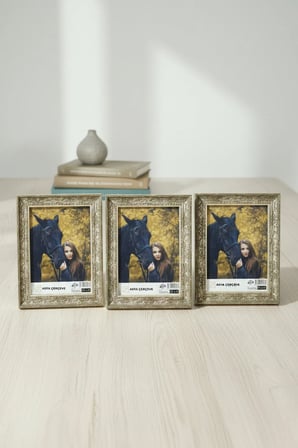 Antik Lüks 3'lü Set 15x21 İşlemeli Koyu Krem Ayaklı Plastik Fotoğraf Çerçevesi