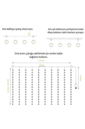 Lw-7 300 Ledli 10 Sarkıt Perde Led Işık, 8 Modlu Uzaktan Kumandalı, 3x3 Metre Peri Telli Led