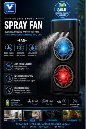 Çift Başlıklı Sprey Fan Nemlendirici Ve Renkli Led Işıklı Siyah