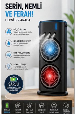 Çift Başlıklı Sprey Fan Nemlendirici Ve Renkli Led Işıklı Siyah