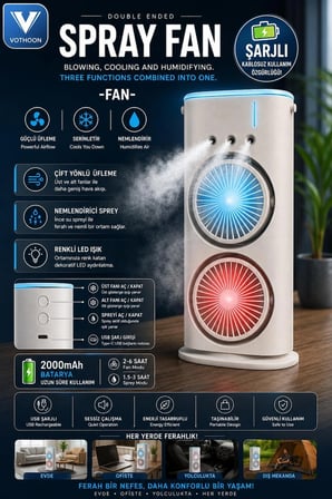 Çift Başlıklı Sprey Fan Nemlendirici Ve Renkli Led Işıklı Beyaz