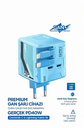Gan+ Pd 40w Hızlı Şarj Adaptörü Çoklu Çıkış Usb-c Lightning Kablolu Hızlı Şarj Cihazı Ev Ofis Uyumlu