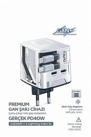 Gan+ Pd 40w Hızlı Şarj Adaptörü Çoklu Çıkış Usb-c Lightning Kablolu Hızlı Şarj Cihazı Ev Ofis Uyumlu
