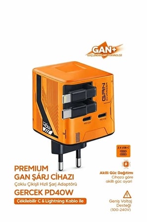 Gan+ Pd 40w Hızlı Şarj Adaptörü Çoklu Çıkış Usb-c Lightning Kablolu Hızlı Şarj Cihazı Ev Ofis Uyumlu