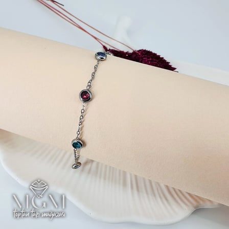 Rodyum Zirkon Renkli Taş Taşlı Çelik Bileklikler 16+5 Cm Uzatma Payı - Kbl0089