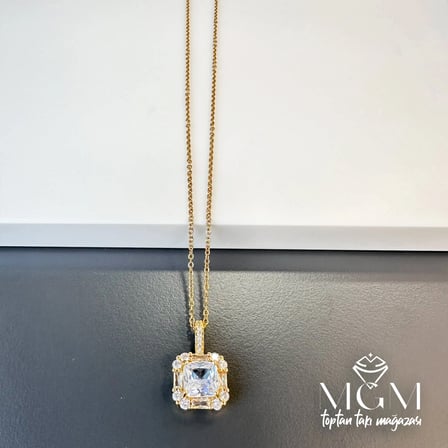 Zirkon Taşlı Zincir Çelik Uç Kısmı Pirinç Kolyeler 40 + 5 Cm Uzatma Payı - Kl0110