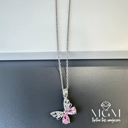 Çelik Zirkon Taşlı Kelebek Kolye - Kl0142
