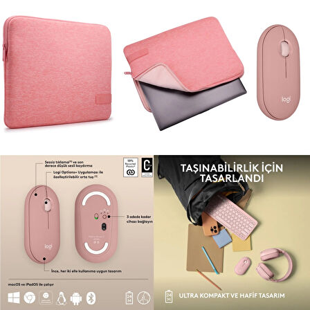 CaseLogic Reflect Pembe 35,6 Cm 14 inç+Logitech m350s 2 Pembe Bluetooth Mouse Set