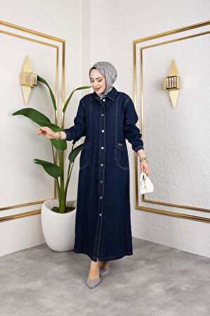 Kadın Düğmeli Cepli Kar Yıkamalı Denim Kot Kap