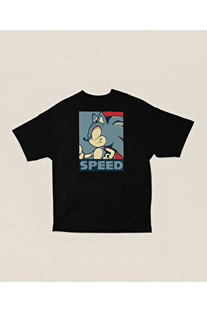 Speed Sonic Karakter Baskılı Unisex Oversize Tişört