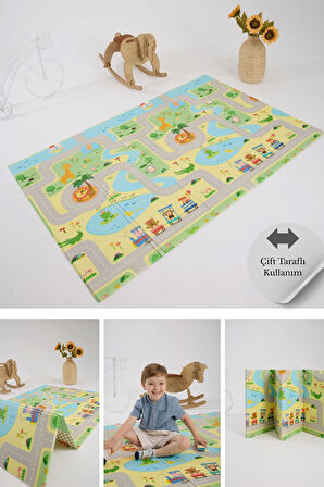 Monimubaby Katlanabilir Çift Taraflı Oyun Matı-Oyun Halısı 130x200x1cm (TAŞIMA ÇANTALI)