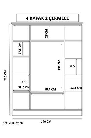 Rabi Mobilya İzel Country 4 Kapaklı 2 Çekmeceli Gardırop 