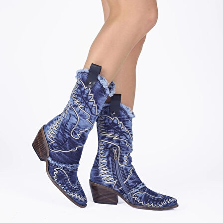 JEANOLOG KOVBOY ÇİZME YAZLIK NAKIŞ İŞLEMELİ J352