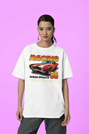 Racing 80 Speed Addicts Baskılı Unisex Tişört, Oversize Araba Tişört